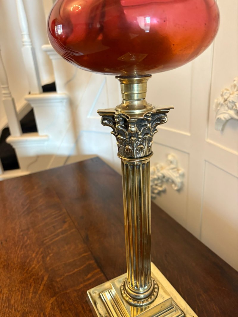 Antique Victorian Cranberry Glass Oil Lamp on Brass Corinthian Column